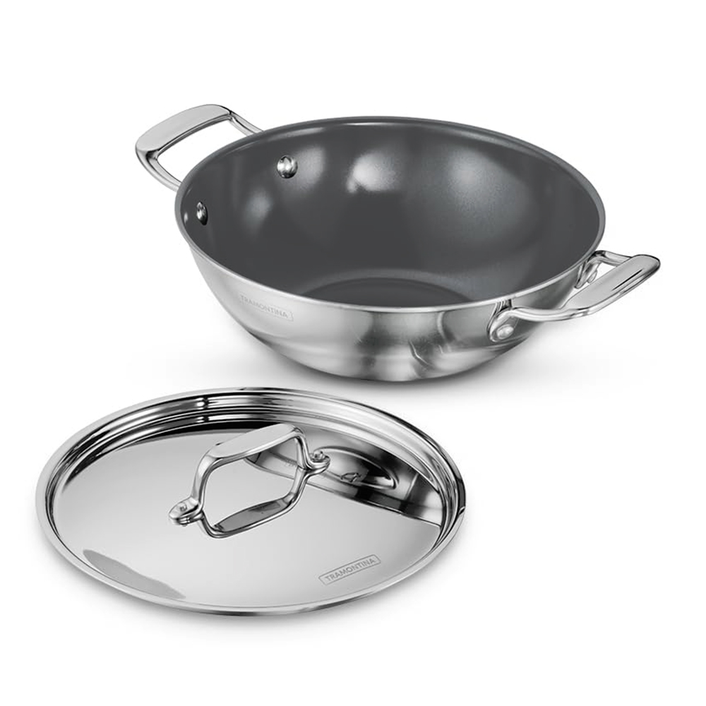TRAMONTINA Triply Fusao 24cm (3.8L) Ceramic Deep Kadai with SS Lid (98051019)