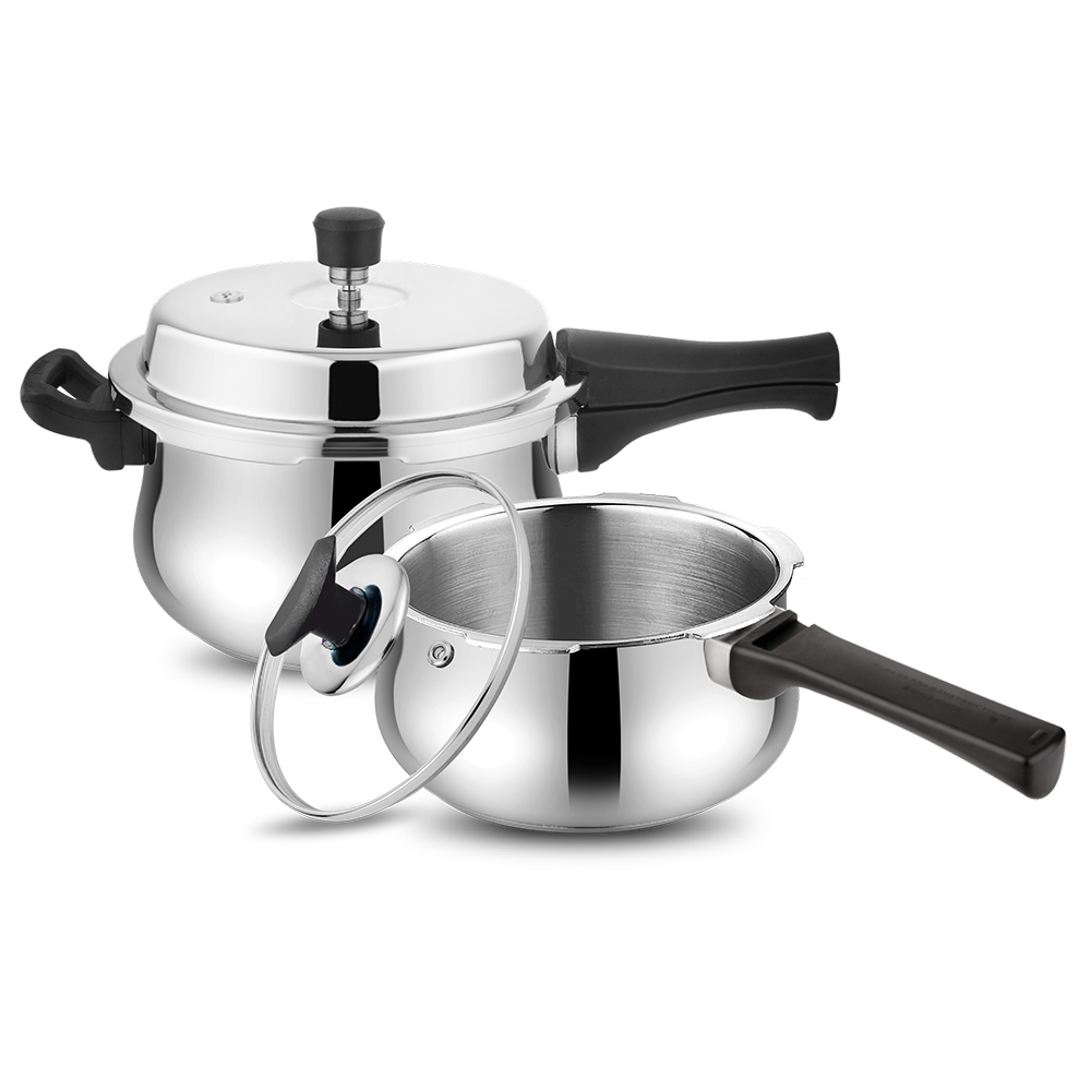 Prabha Swift Duo Combo SS IB Outer Lid Pressure Cooker (2.0L-3.0L) (2 Body-1SS Lid-1 Glass Lid) Common Lid