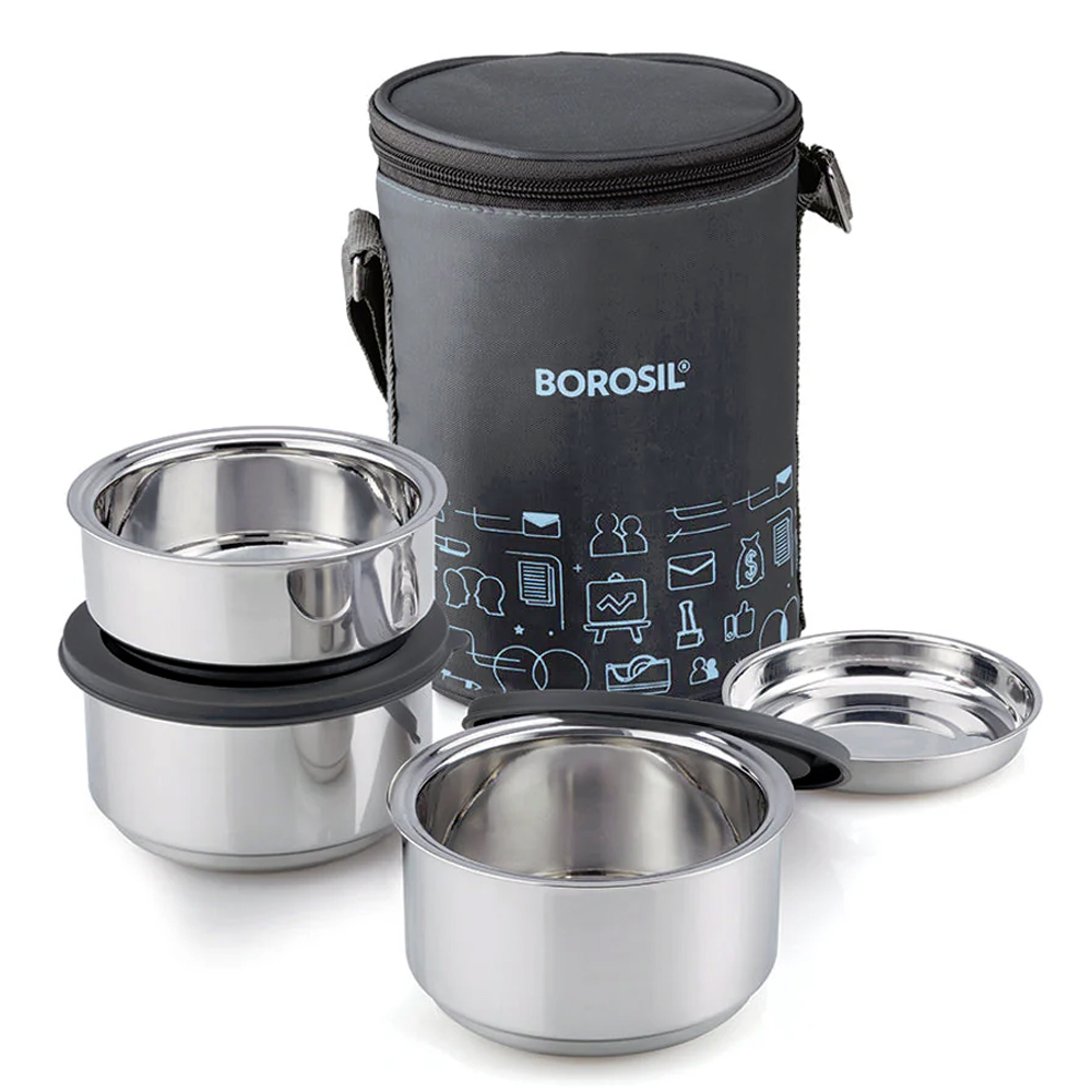 BOROSIL SS Carry Fresh CF (Tall) 3 Container (280mlx2 + 180ml) Lunch Box with Bag